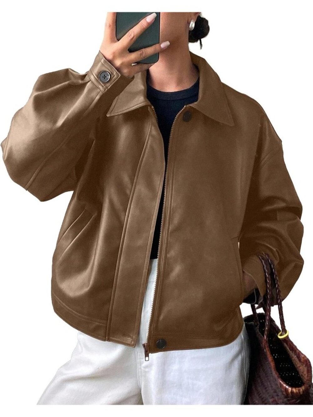 Women's Brown Faux Leather Oversized Fall ZIP Up Casual Coat Motorcycle Jacket